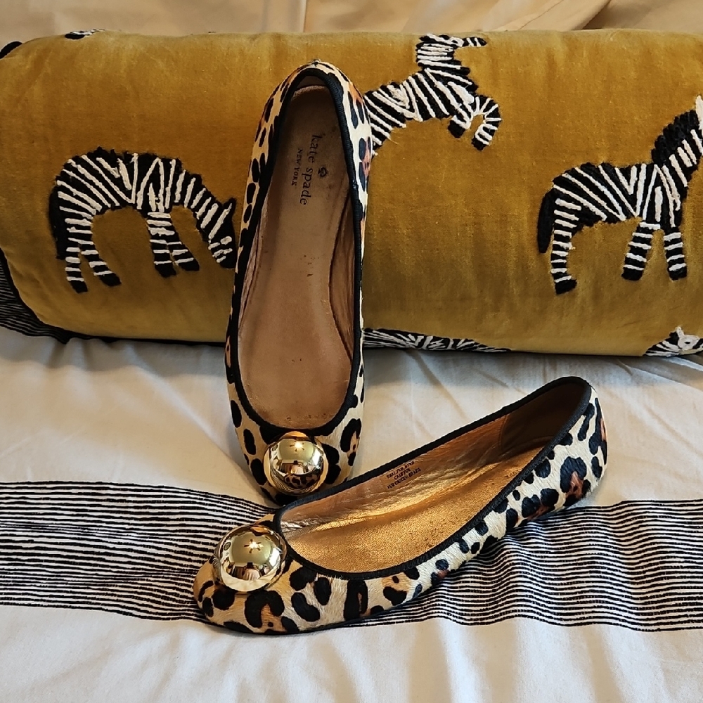 Kate Spade Animal Print Flats with Large Gold Ball Size 10